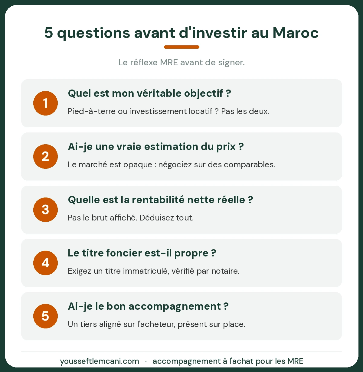 Les 5 questions à se poser avant d'investir au Maroc Les 5 questions à se poser avant d'investir dans l'immobilier au Maroc en tant que MRE
