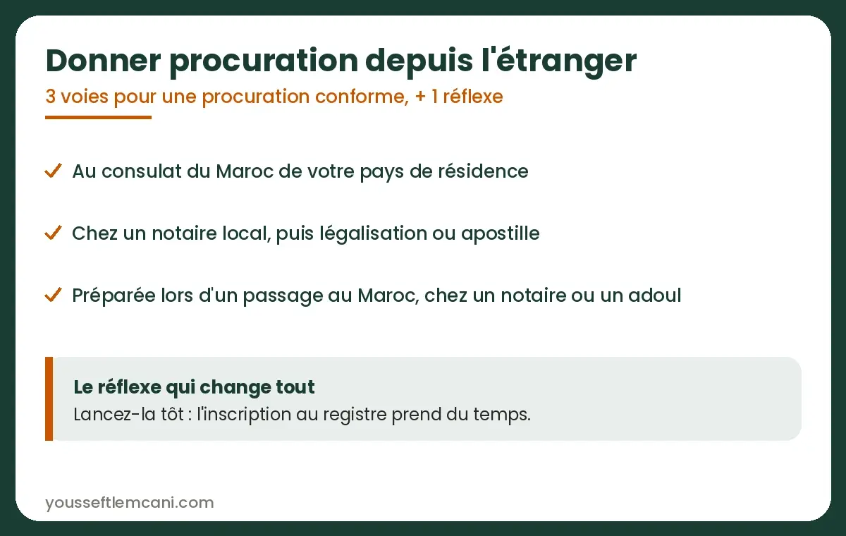 Procuration valable depuis l'étranger : les trois voies + le réflexe à avoir Donner une procuration immobilier Maroc valable depuis l'étranger, les trois voies