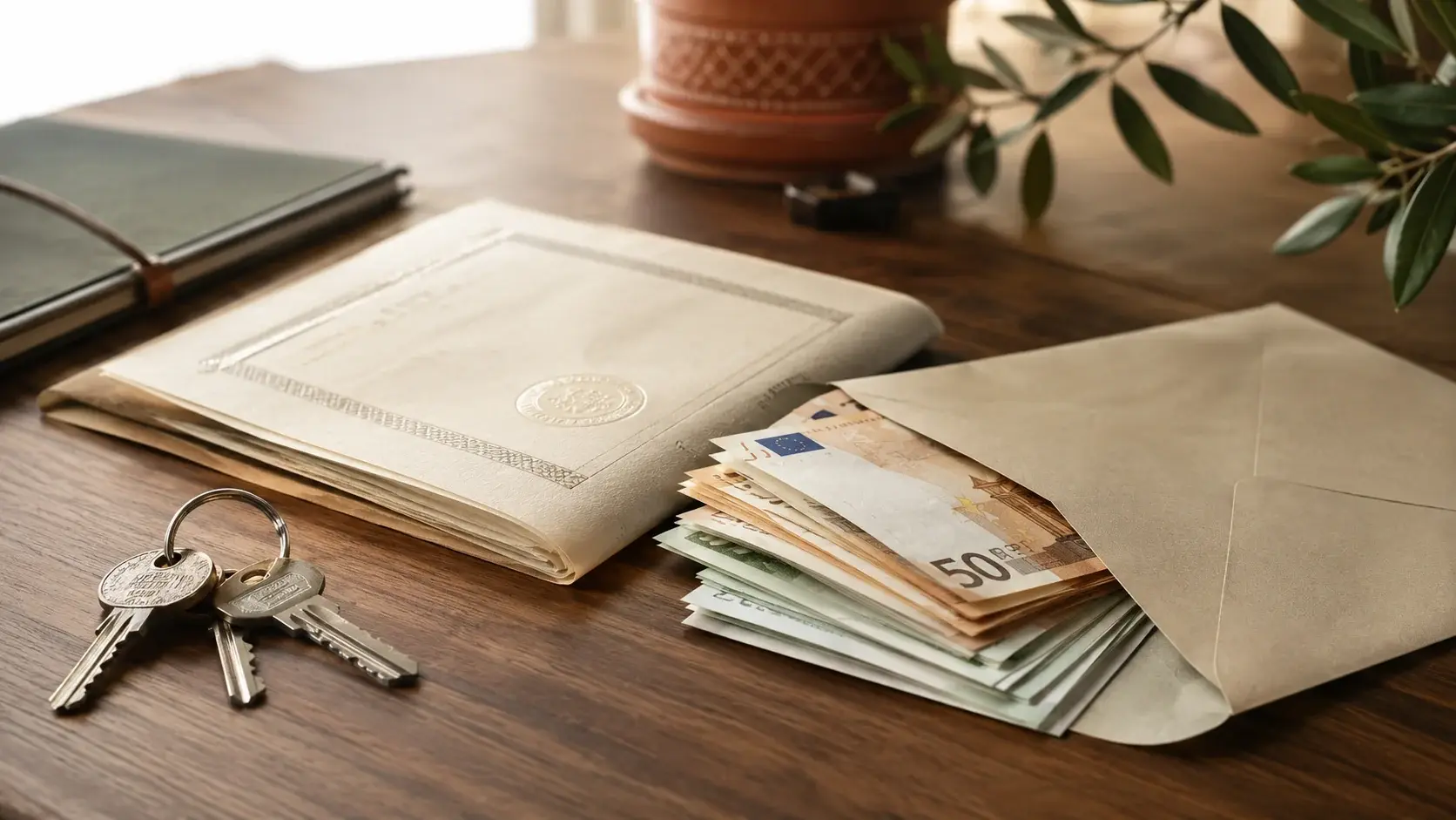Rapatrier les fonds d'un bien vendu au Maroc Rapatriement des fonds d'un bien au Maroc : billets en devises, clés et documents bancaires posés sur une table