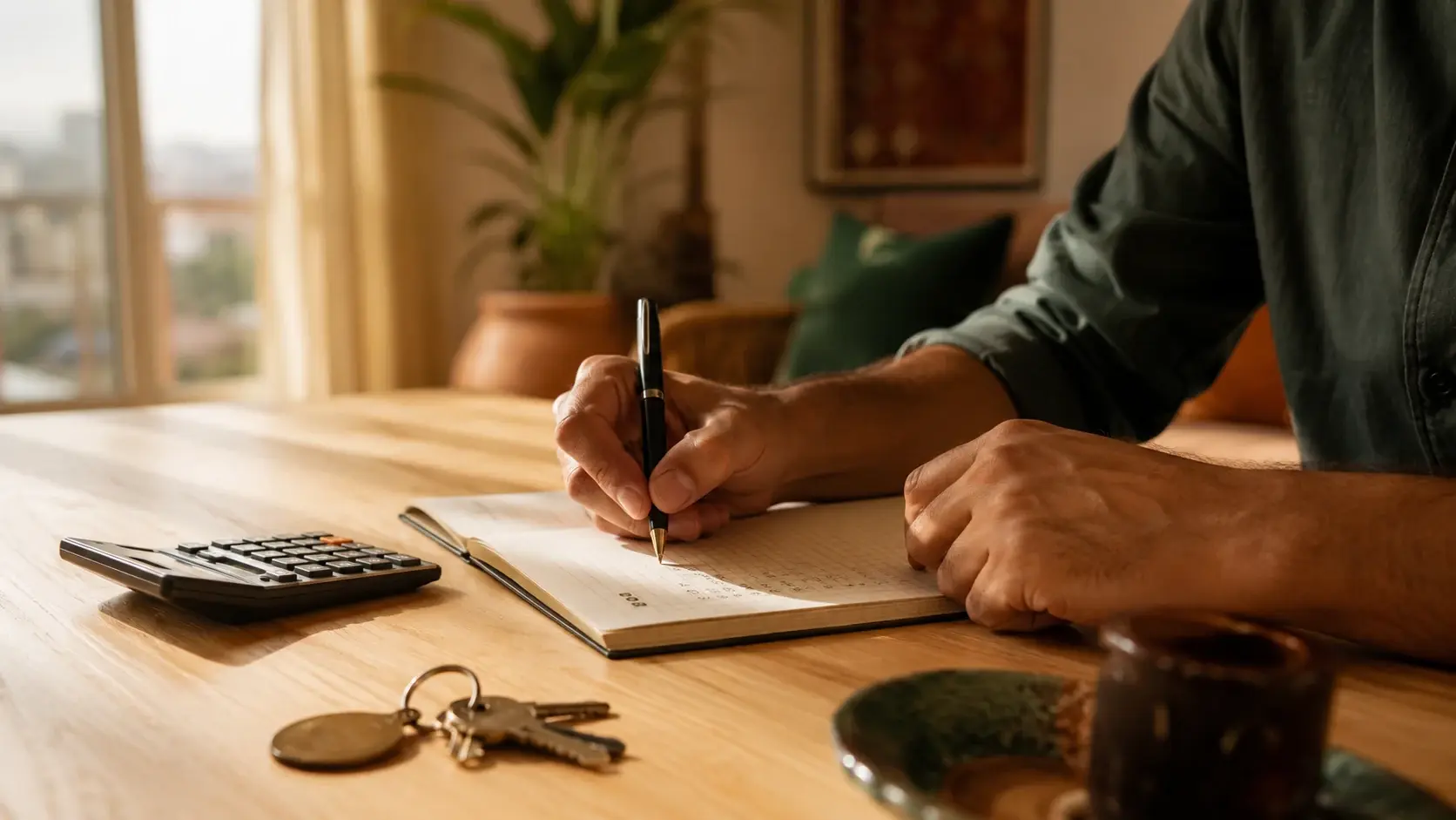 Investir au Maroc avec un petit budget Un homme calcule le budget d'un achat immobilier sur un carnet, calculatrice et trousseau de clés posés sur la table
