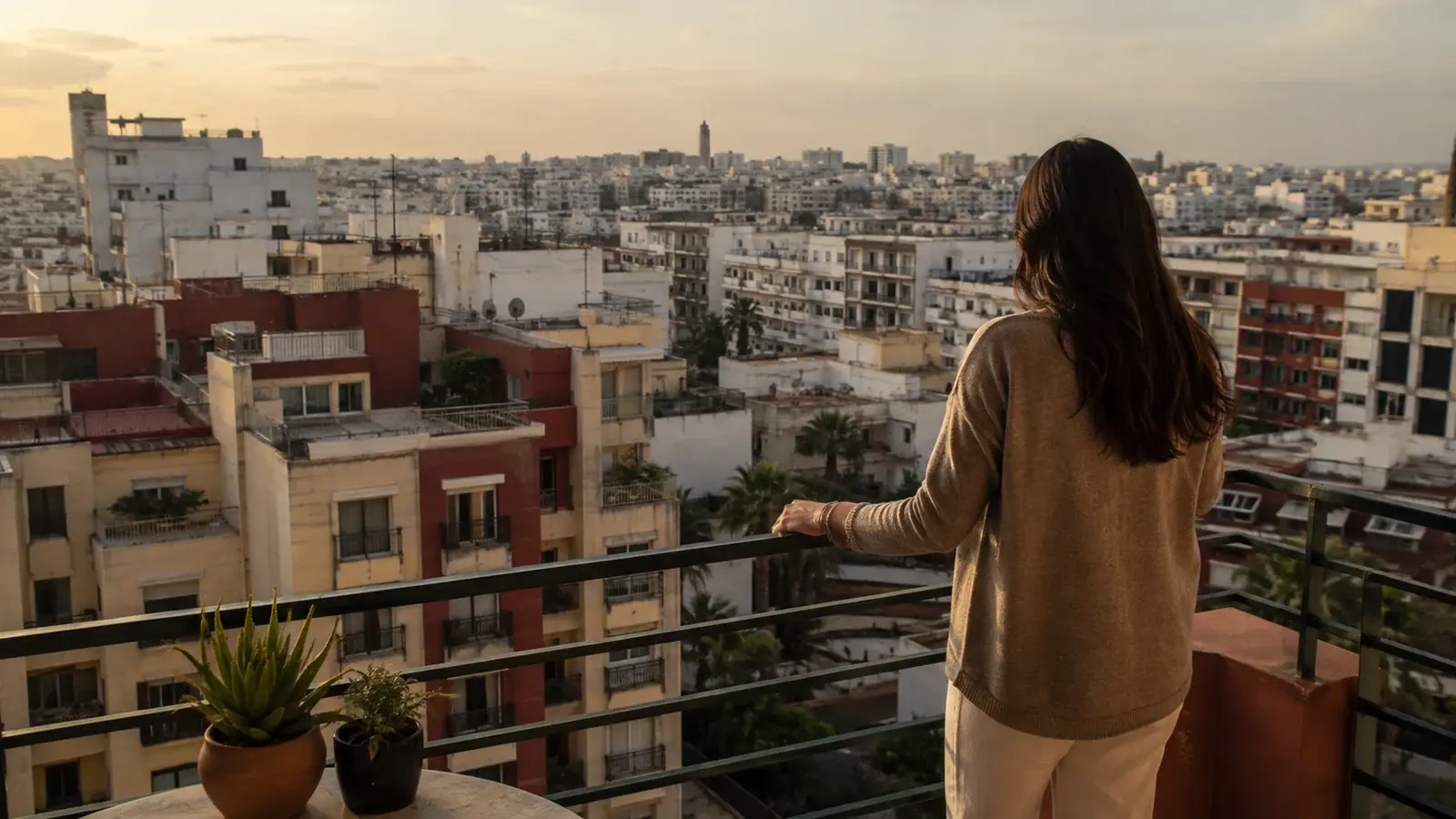 Choisir où investir au Maroc Une femme de dos sur un balcon, face aux immeubles d'une ville marocaine au crépuscule