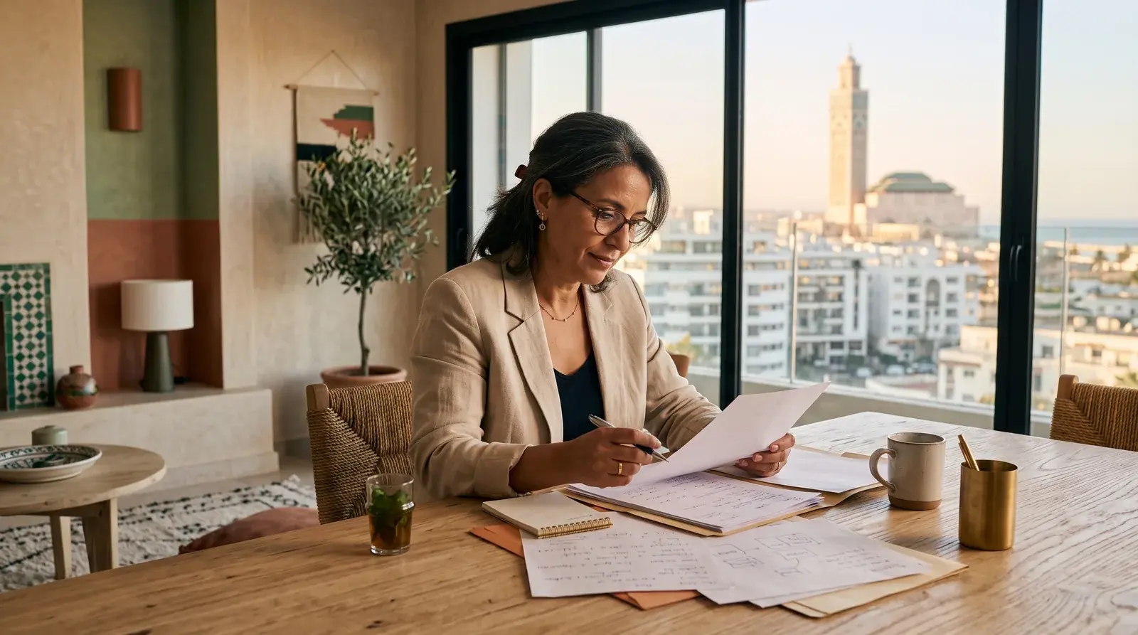 Le référentiel des prix immobiliers, une règle sans sa contrepartie Référentiel des prix immobiliers au Maroc, une femme examine des documents face à Casablanca
