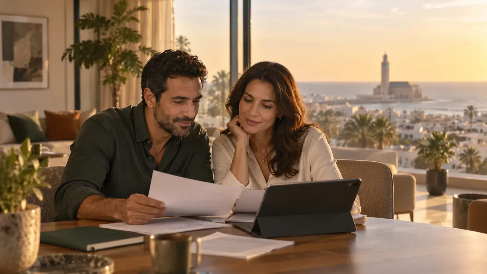 Fiscalité immobilière au Maroc pour les MRE Fiscalité immobilière au Maroc pour les MRE, un couple relit ses documents à Casablanca