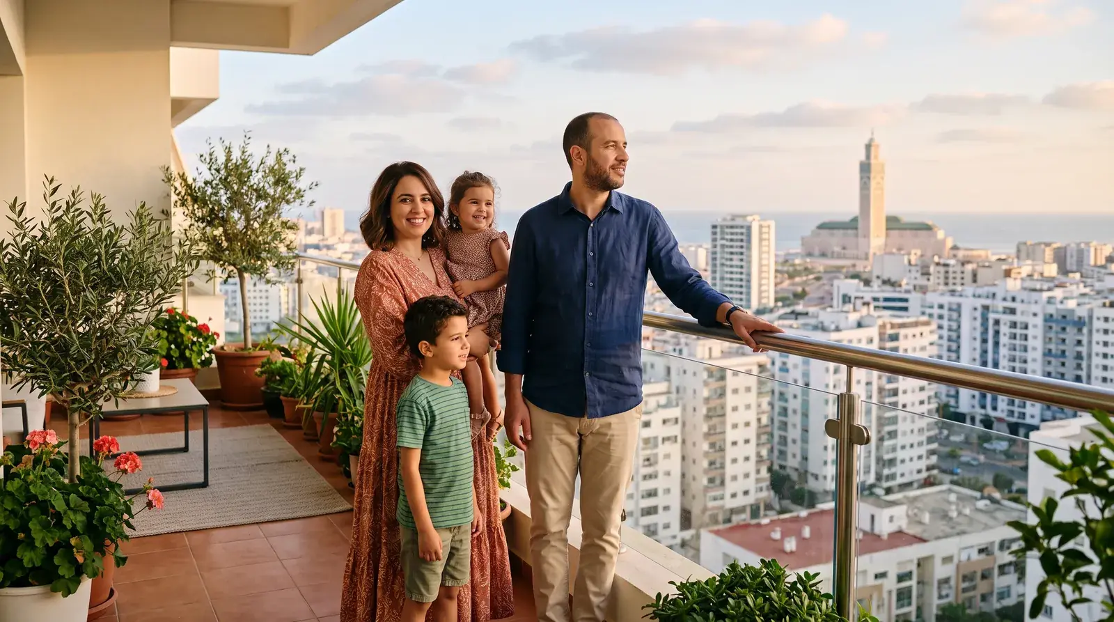 Deux logiques, trois façons de les tenir Résidence secondaire ou investissement locatif au Maroc, famille sur un balcon à Casablanca