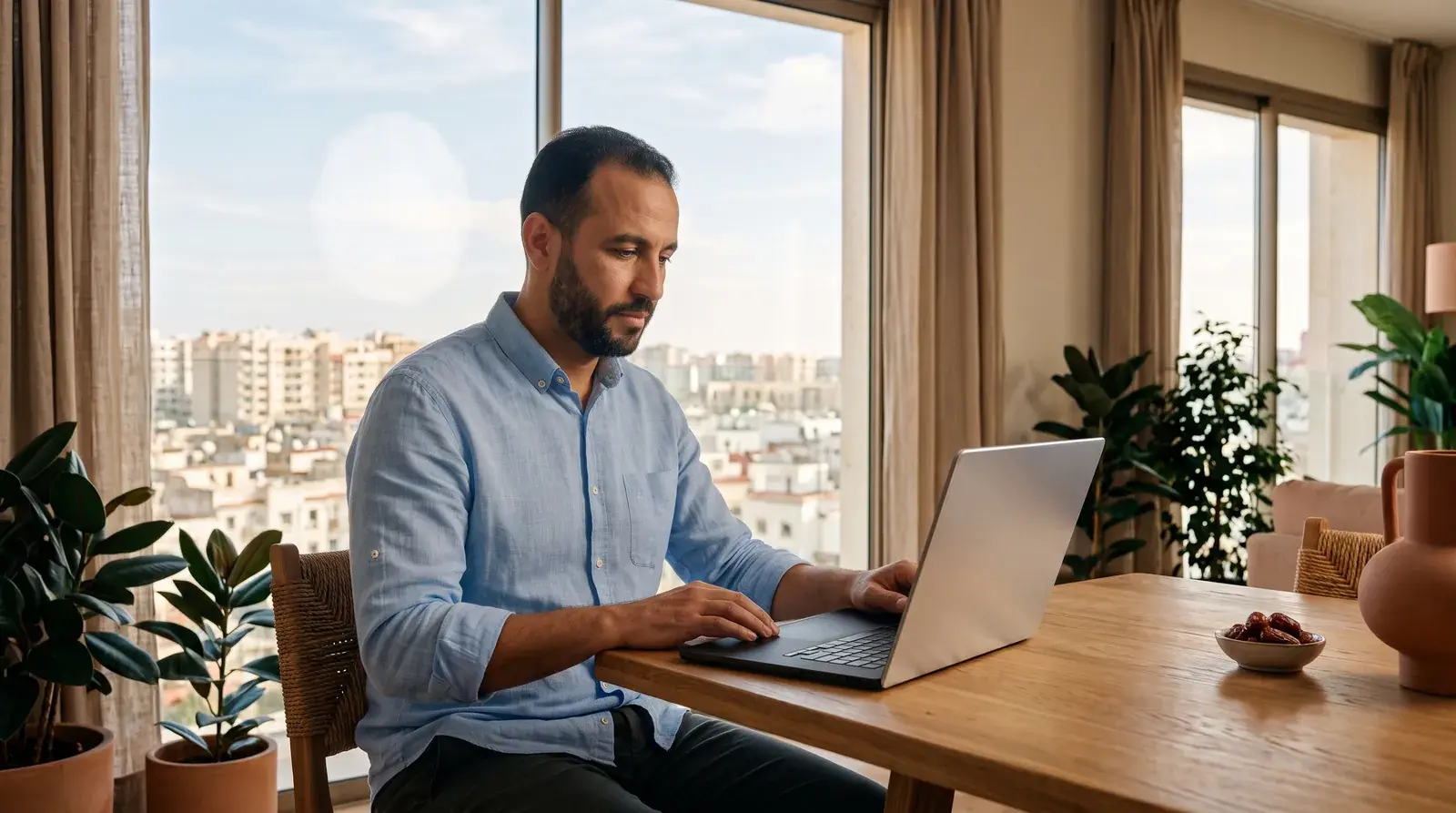 Le même argent, deux placements, un seul calcul Immobilier au Maroc ou ETF, un homme compare deux options de placement dans son salon